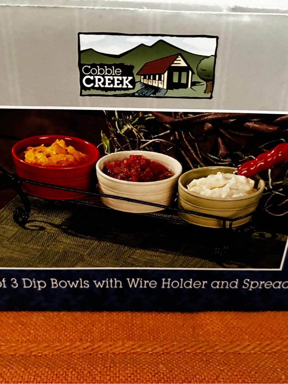 Cobble Creek Set of 3 Colorful Dip Bowls with Red Spreader